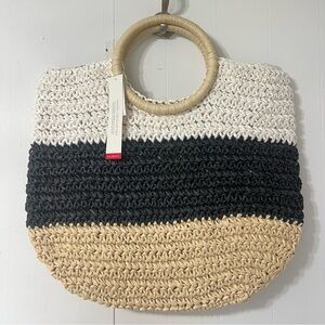 Talbots Black White Tan Woven Straw Contemporary Classic Tote Handbag Bag NWT